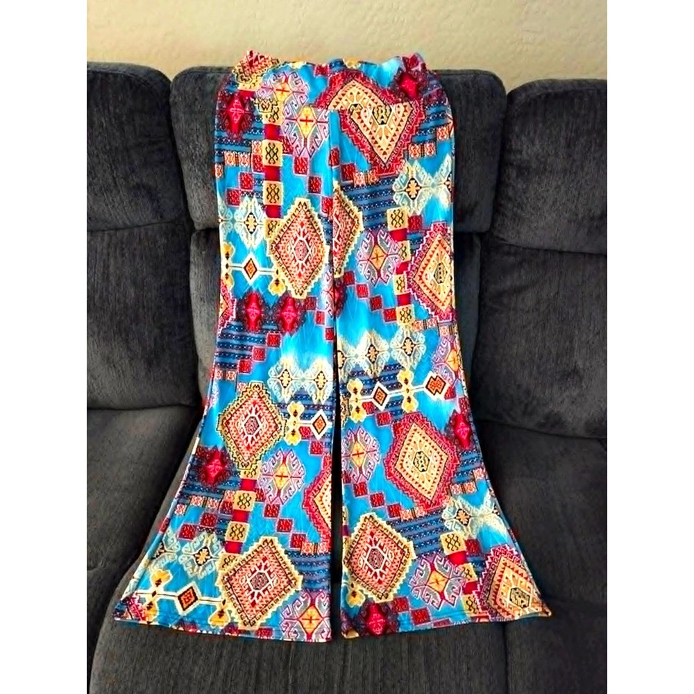Win Win Wide Leg Palazzo Pants Blue & Red Stretch Boho Festival Size S/M